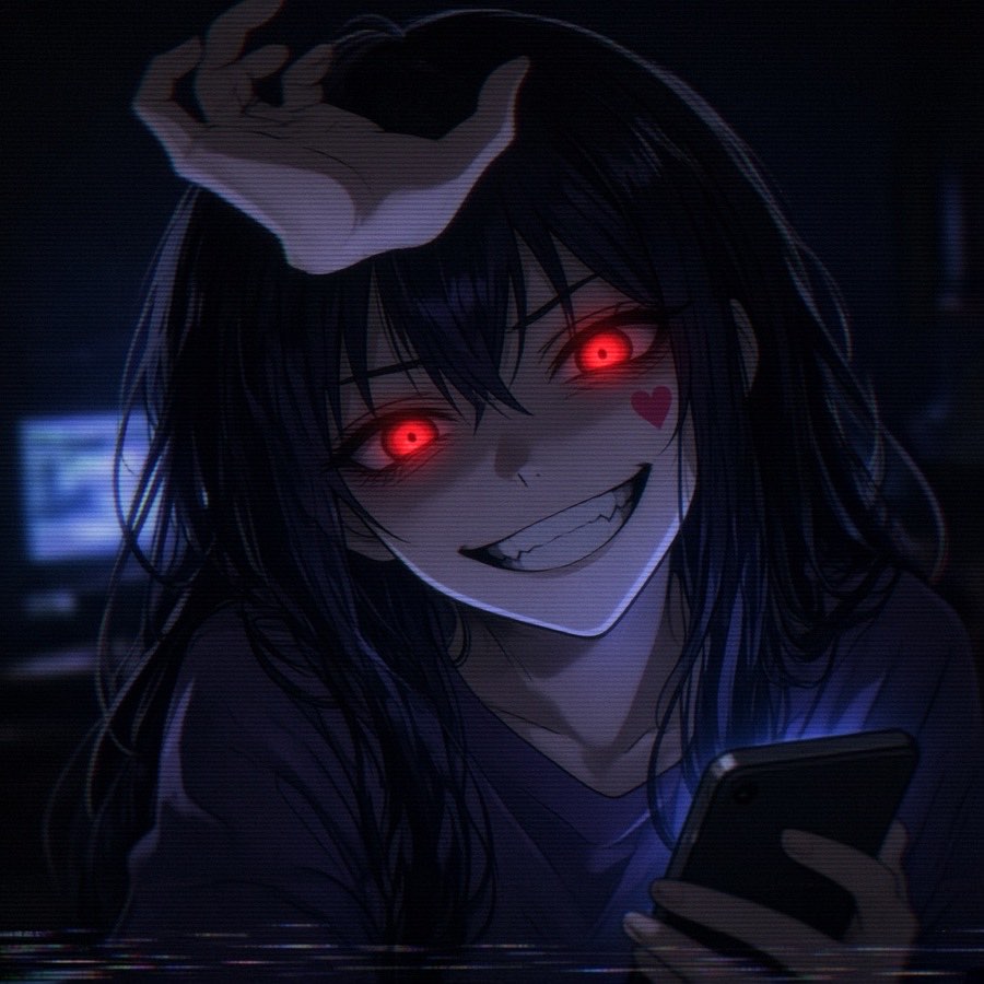 Her with red eyes in a dark room holding a phone