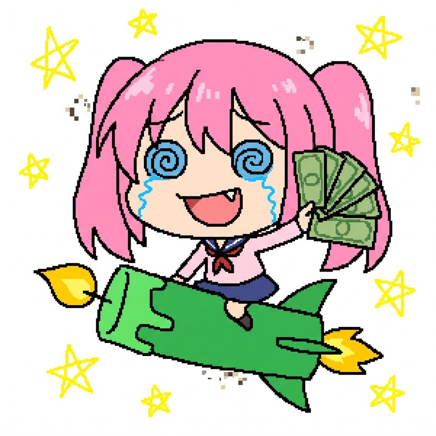 MS Paint chibi girl riding a green candle rocket holding yen