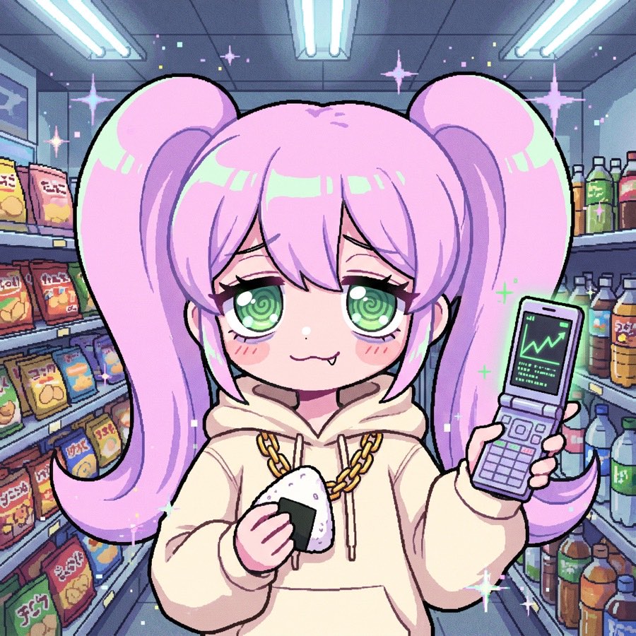 Her in a konbini at 3am holding an onigiri and a flip phone