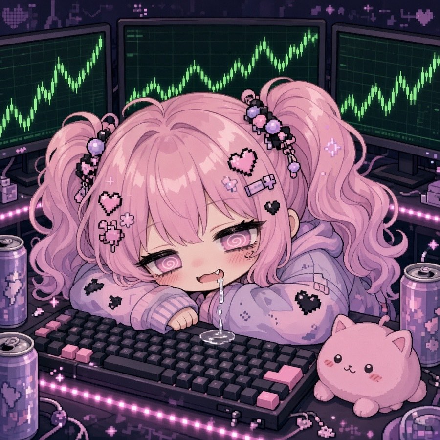 Her asleep on a keyboard in front of three chart monitors